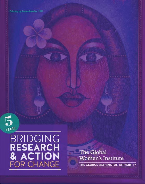 Report Cover: 5 Years: Bridging Research and Action for Change (Painting of a woman)
