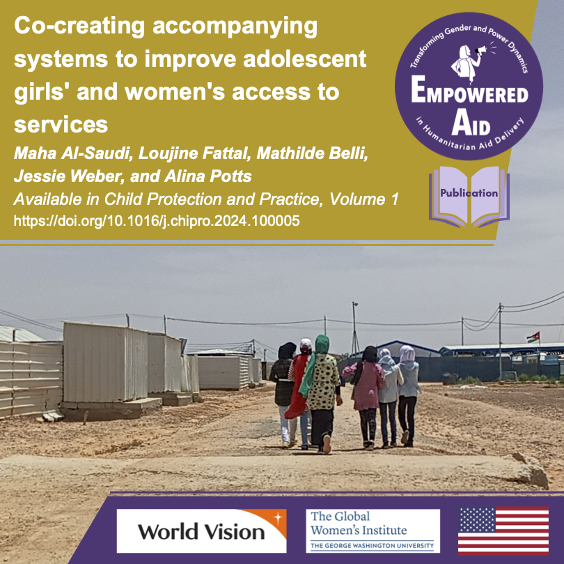 Photo of a group of adolescent girls moving together to the Peace Center. Text above photo: "Co-creating accompanying systems to improve adolescent girls' and women's access to service," with name of authors and publication, and DOI, https://doi.org/10.1016/j.chipro.2024.100005