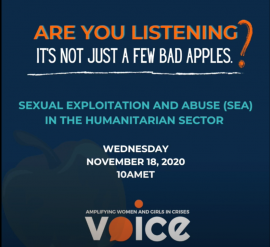 Powerpoint title slide: Are You Listening? It's Not Just A Few Bad Apples:  Sexual Exploitation and Abuse (SEA) In The Humanitarian Sector