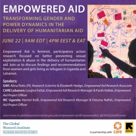 Empowered Aid: Transforming Gender and Power Dynamics in the Delivery of Humanitarian Aid Webinar Flyer with date, details and speaker titles including a photo of women participating a research activity