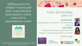 Powerpoint title slide: Shifting power to refugee women and girls: using feminist participatory action research in humanitarian crises