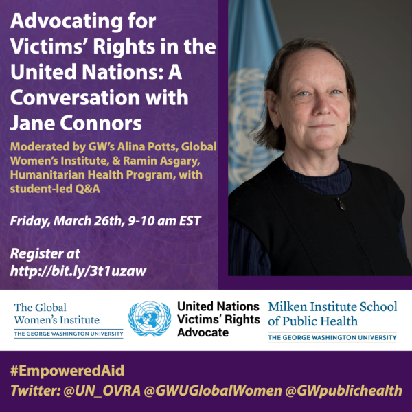 Flyer for Advocating for Victims' Rights in the United Nations: A Conversation with Jane Connors